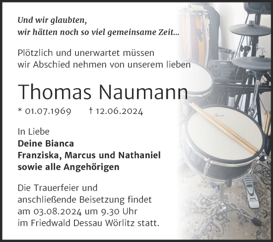 Traueranzeige von Thomas Naumann von Trauerkombi Dessau