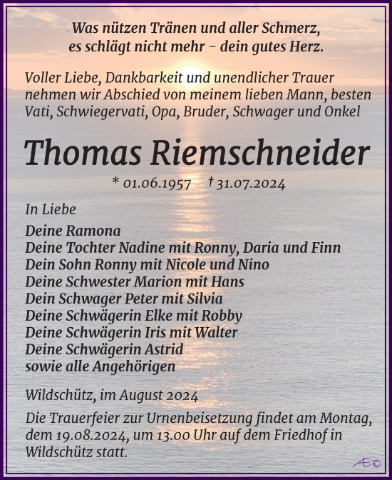 Traueranzeige von Thomas Riemschneider von Trauerkombi Weißenfels