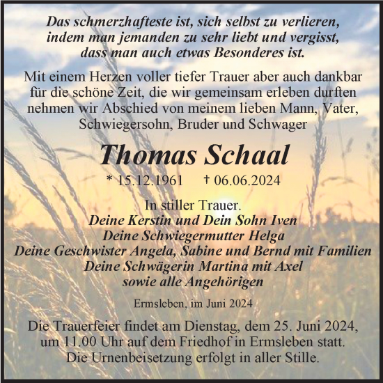 Traueranzeige von Thomas Schaal von Trauerkombi Quedlinburg