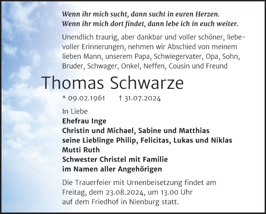 Traueranzeige von Thomas Schwarze von Trauerkombi Bernburg