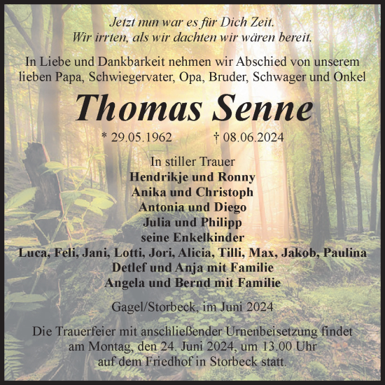 Traueranzeige von Thomas Senne von Volksstimme Altmark Ost