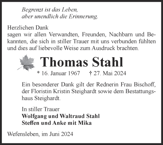 Traueranzeige von Thomas Stahl von Volksstimme Oschersleben/Wanzleben