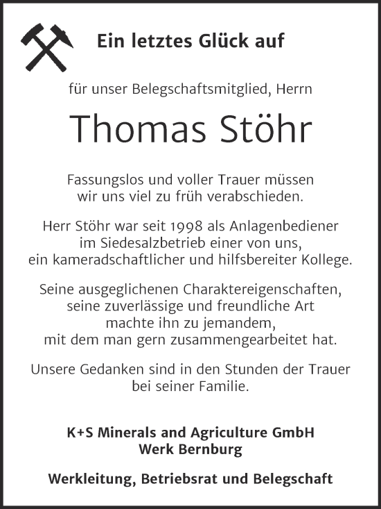Traueranzeige von Thomas Stöhr von Mitteldeutsche Zeitung Bernburg