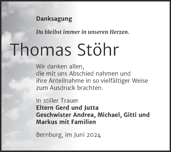 Traueranzeige von Thomas Stöhr von Trauerkombi Bernburg