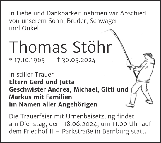 Traueranzeige von Thomas Stöhr von Trauerkombi Bernburg