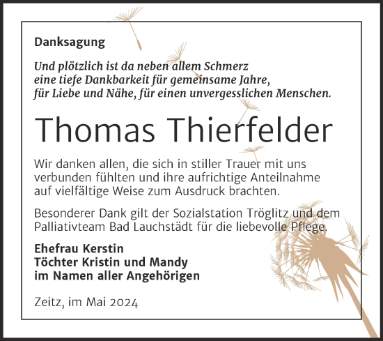 Traueranzeige von Thomas Thierfelder von Trauerkombi Zeitz