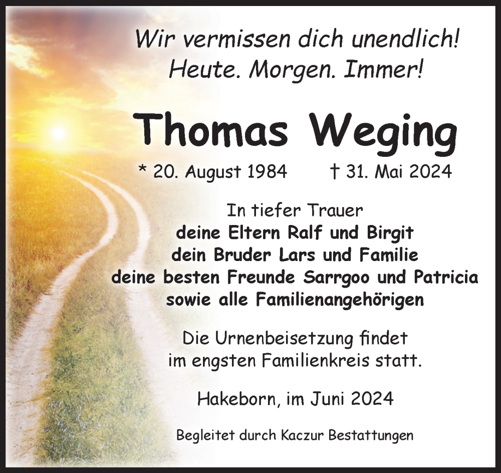  Traueranzeige für Thomas Weging vom 08.06.2024 aus 