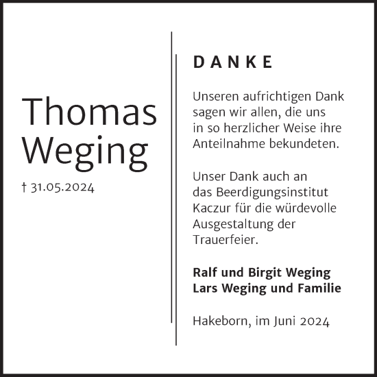 Traueranzeige von Thomas Weging 