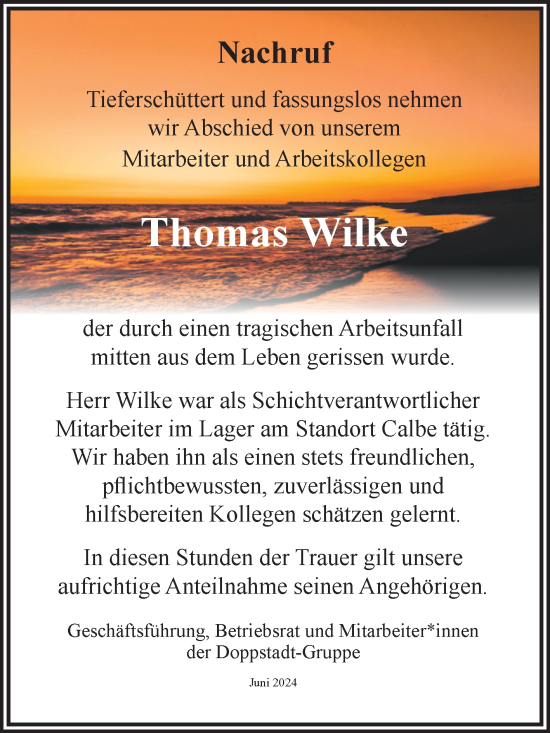 Traueranzeige von Thomas Wilke von Volksstimme Schönebeck