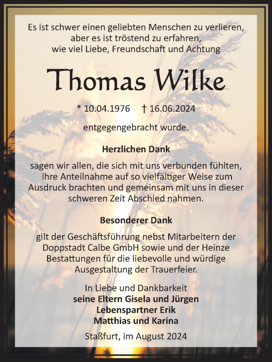 Traueranzeige von Thomas Wilke von Volksstimme Staßfurt