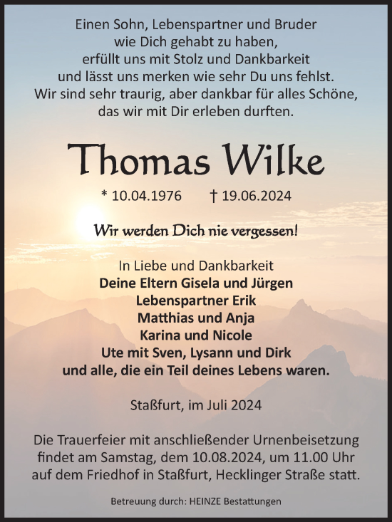 Traueranzeige von Thomas Wilke von Volksstimme Staßfurt