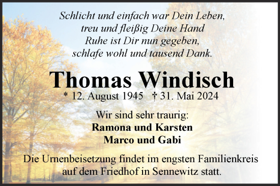 Traueranzeige von Thomas Windisch von Trauerkombi Mansfelder Land