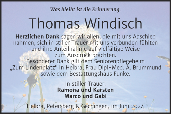 Traueranzeige von Thomas Windisch von Trauerkombi Mansfelder Land