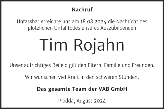 Traueranzeige von Tim Rojahn von Mitteldeutsche Zeitung Bitterfeld