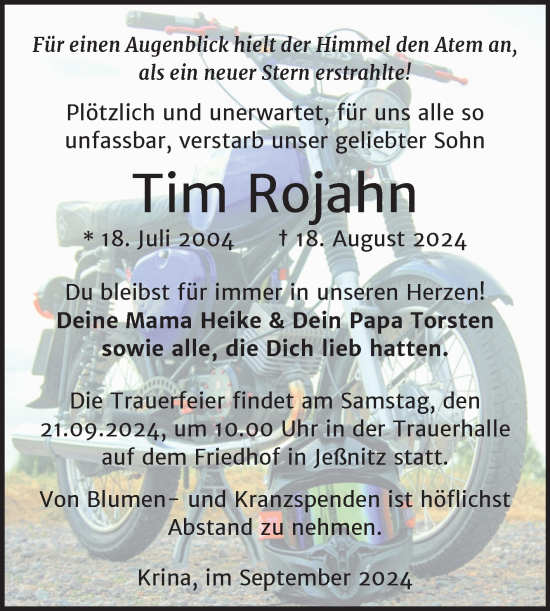 Traueranzeige von Tim Rojahn von Trauerkombi Bitterfeld