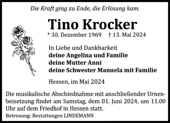 Traueranzeige von Tino Krocker von Volksstimme Halberstadt
