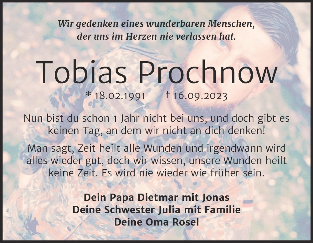 Traueranzeige für Tobias Prochnow vom 14.09.2024 aus Trauerkombi Bitterfeld