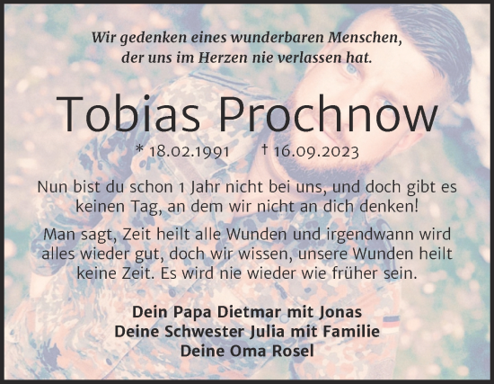 Traueranzeige von Tobias Prochnow von Trauerkombi Bitterfeld