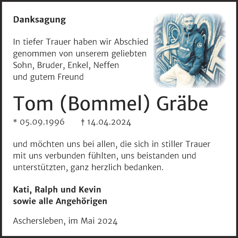  Traueranzeige für Tom Gräbe vom 01.06.2024 aus Trauerkombi Aschersleben