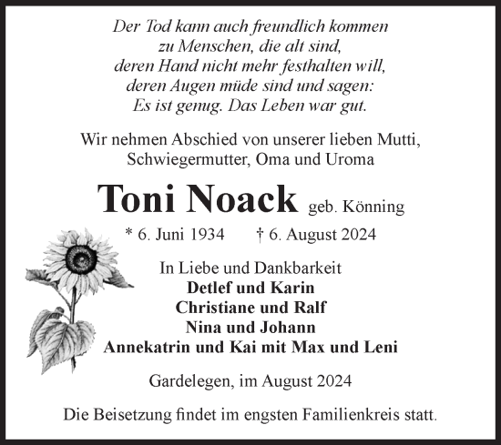 Traueranzeige von Toni Noack von Volksstimme Altmark West