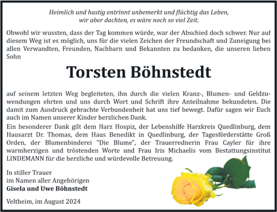 Traueranzeige von Torsten Böhnstedt von Volksstimme Halberstadt