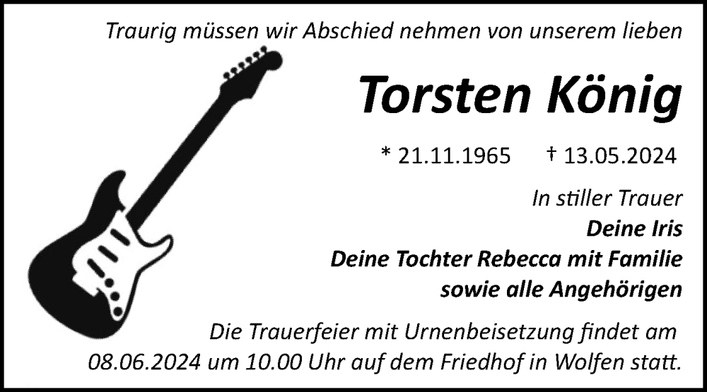  Traueranzeige für Torsten König vom 18.05.2024 aus Trauerkombi Bitterfeld