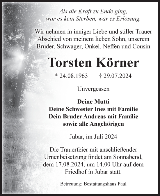 Traueranzeige von Torsten Körner von Volksstimme Altmark West
