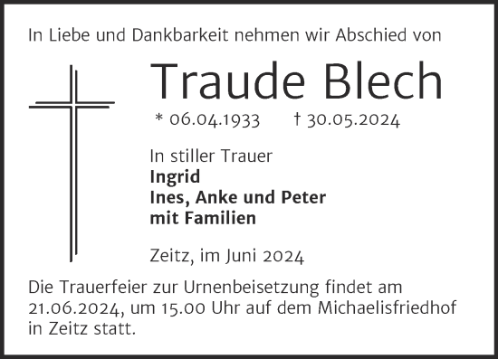 Traueranzeige von Traude Blech von Trauerkombi Zeitz