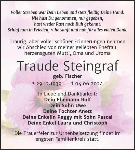 Traueranzeige von Traude Steingraf von Trauerkombi Weißenfels