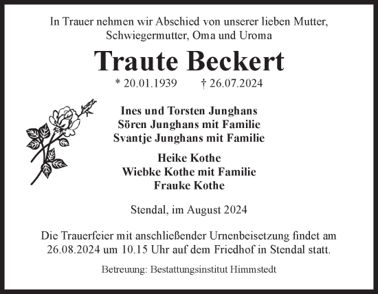 Traueranzeige von Traute Beckert von Volksstimme Altmark Ost