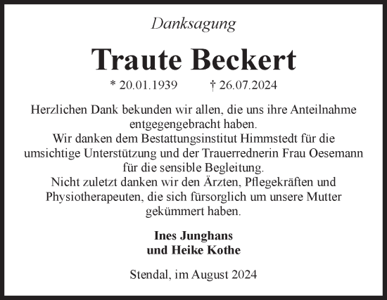 Traueranzeige von Traute Beckert von Volksstimme Altmark Ost