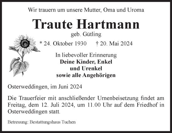 Traueranzeige von Traute Hartmann von Volksstimme Oschersleben/Wanzleben