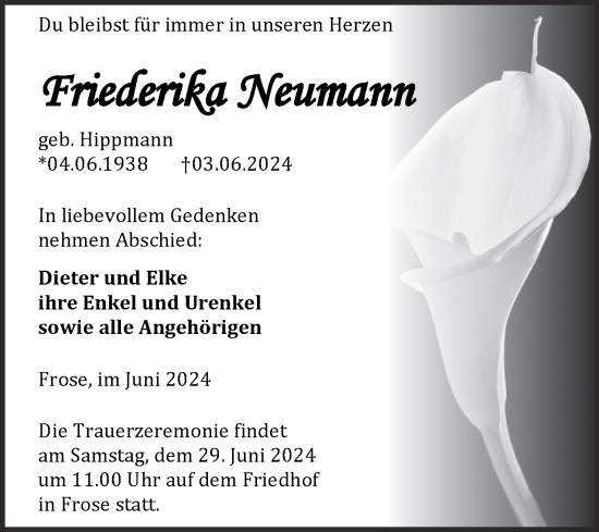 Traueranzeige von Triederika Neumann von Trauerkombi Aschersleben