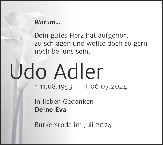 Traueranzeige von Udo Adler von Naumburger Tageblatt