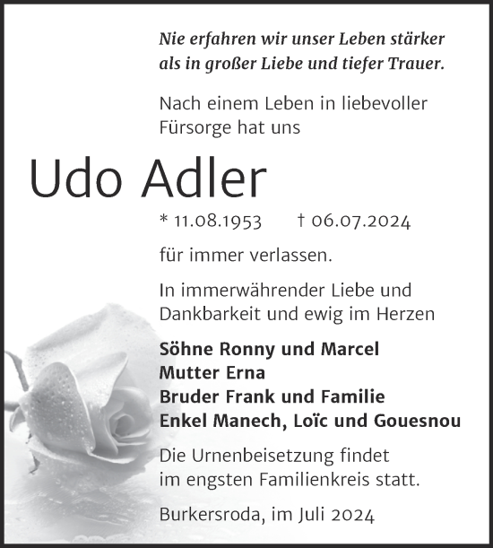 Traueranzeige von Udo Adler von Super Sonntag Naumburg/Nebra