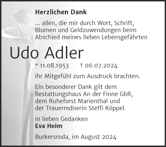 Traueranzeige von Udo Adler von Super Sonntag Naumburg/Nebra