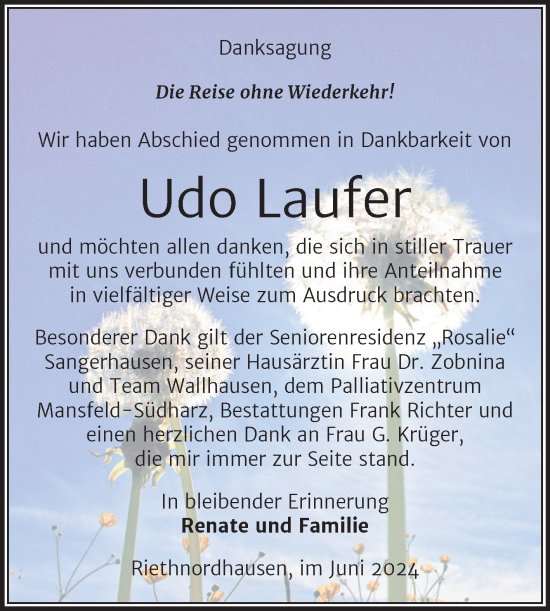 Traueranzeige von Udo Laufer von Trauerkombi Sangerhausen