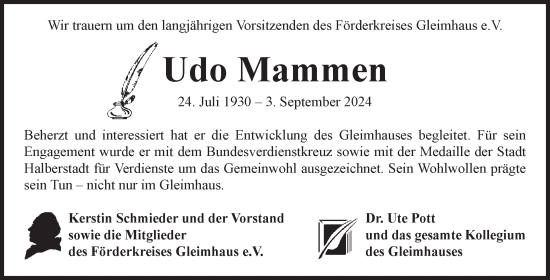 Traueranzeige von Udo Mammen von Volksstimme Halberstadt