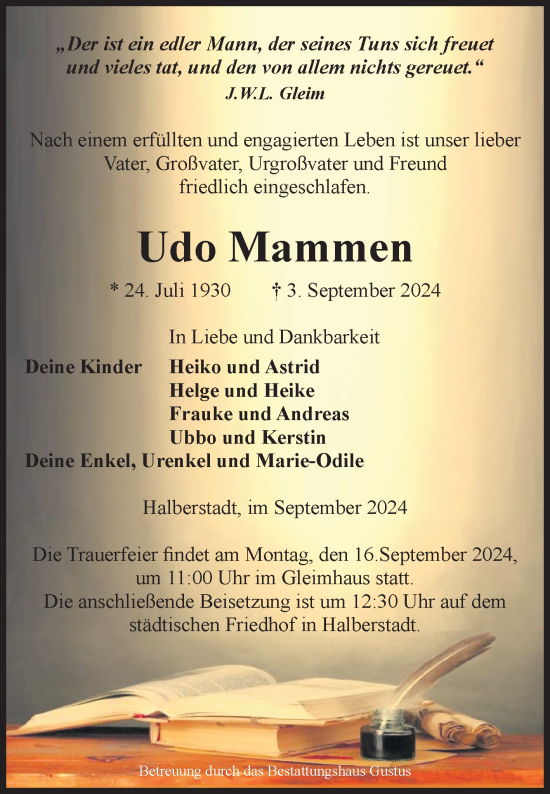 Traueranzeige von Udo Mammen von Volksstimme Halberstadt
