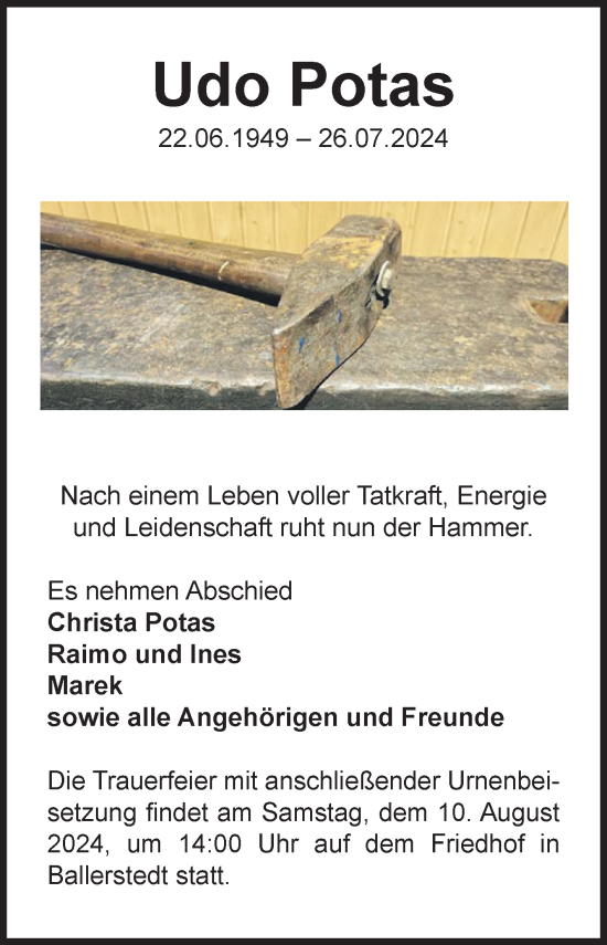 Traueranzeige von Udo Potas von Volksstimme Altmark Ost