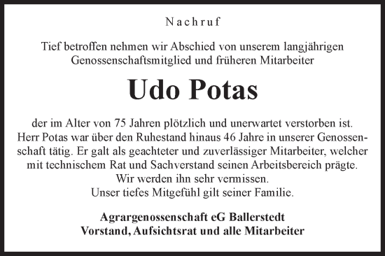 Traueranzeige von Udo Potas von Volksstimme Altmark Ost