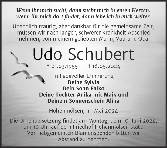 Traueranzeige von Udo Schubert von Trauerkombi Weißenfels