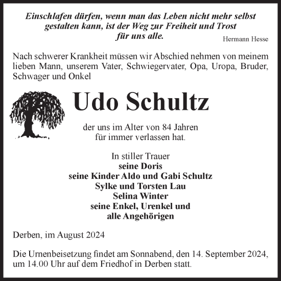 Traueranzeige von Udo Schultz von Volksstimme Burg/Genthin