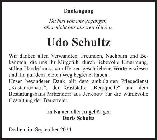 Traueranzeige von Udo Schultz von Volksstimme Burg/Genthin