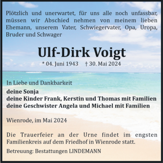 Traueranzeige von Ulf-Dirk Voigt von Volksstimme Wernigerode