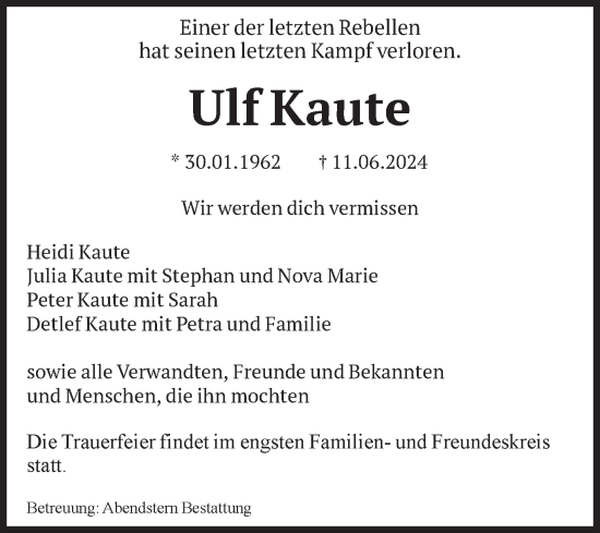 Traueranzeige von Ulf Kaute von Volksstimme Altmark Ost
