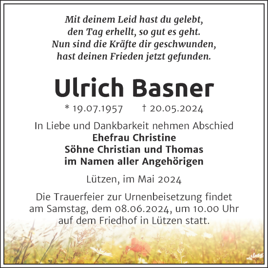 Traueranzeige von Ulrich Basner von Trauerkombi Weißenfels
