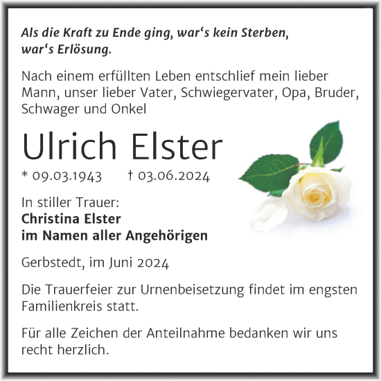 Traueranzeige von Ulrich Elster von Trauerkombi Mansfelder Land
