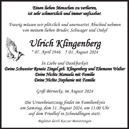 Traueranzeige von Ulrich Klingenberg von Volksstimme Staßfurt