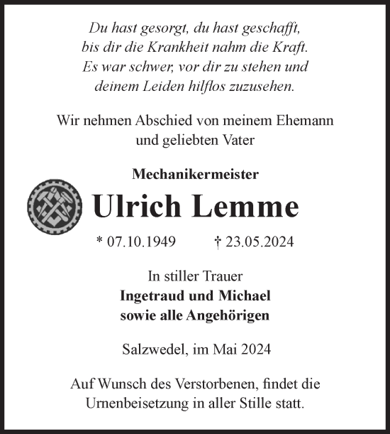 Traueranzeige von Ulrich Lemme von Volksstimme Altmark West